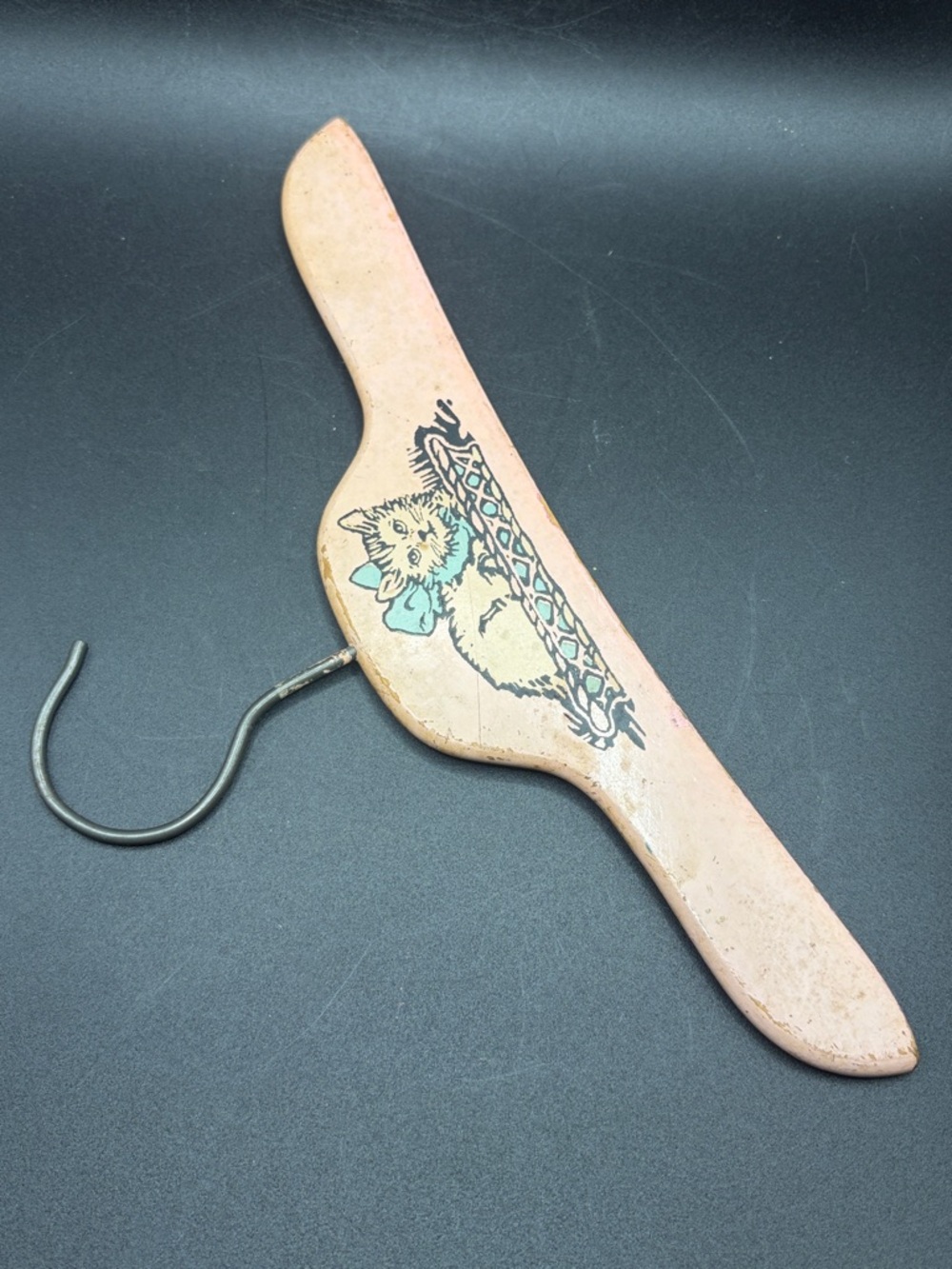 1930s Vintage Children's Wooden Clothing Hanger Pink Kitten Cat With Blue Bow